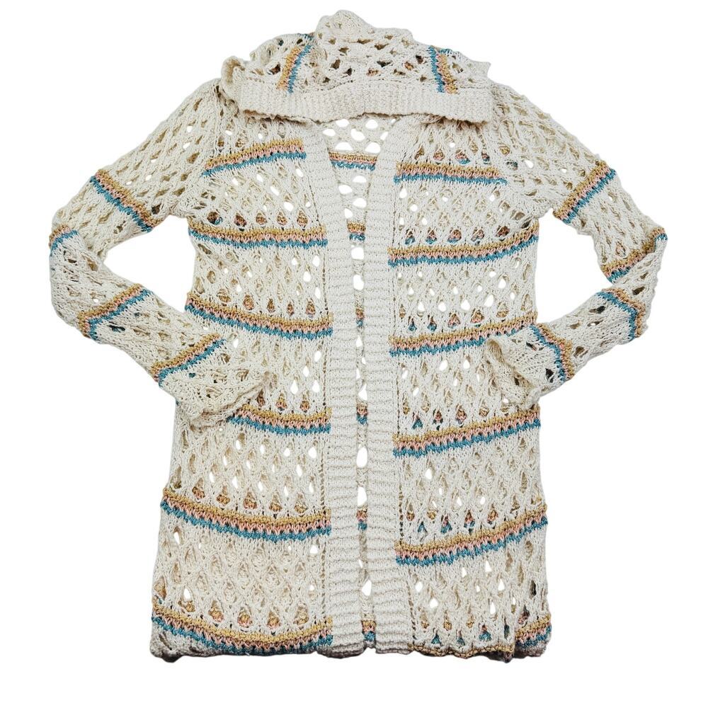 Boho Hippie Cotton Crochet Open Knit Fringe Long Hooded Duster Women's Size M/L